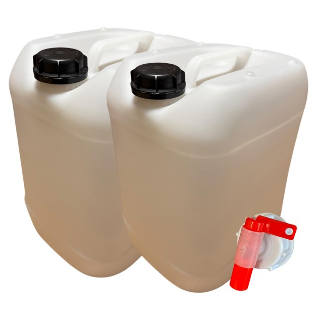 Lot de 2 Bidons Plastique 20 L litres avec Bouchon et Robinet Verseur - Résistant pour Liquides Alimentaires et Chimiques Poigné