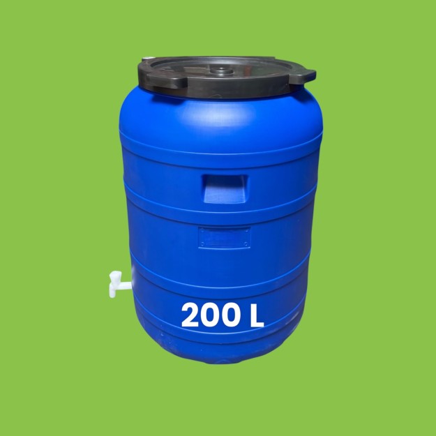 FUT Plastique 200 litres avec Couvercle à Visser et Robinet – Stockage Eau, Aliments, Huiles, Solides – Baril Alimentaire Grande