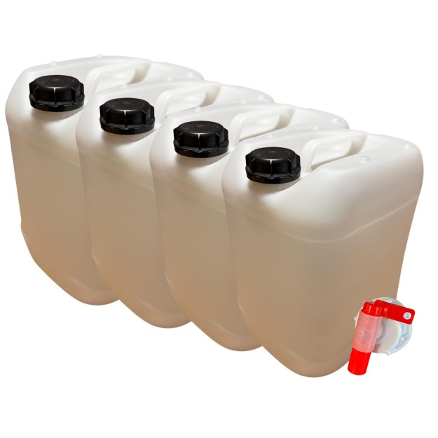 Lot de 4 Bidons Plastique 20 L litres avec Bouchon et Robinet Verseur - Résistant pour Liquides Alimentaires et Chimiques Poigné