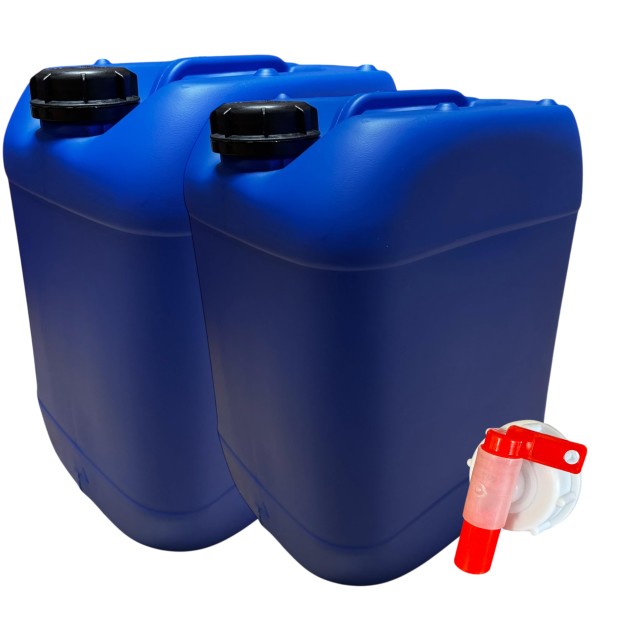 Lot de 2 Bidons Plastique Bleu 20 L litres avec Bouchon et Robinet Verseur - Résistant pour Liquides Alimentaires et Chimiques P