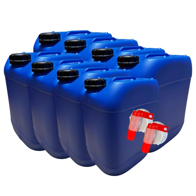 Lot de 8 Bidons Plastique Bleu 20 L litres avec Bouchon et 2 x Robinets Verseurs - Résistant pour Liquides Alimentaires et Chimi