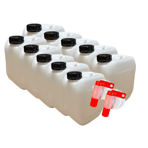 Lot de 10 x Jerrican Bidon Plastique 5 L litres avec Bouchon Étanche et 2 Robinets Verseurs– Idéal pour Liquides Alimentaires et