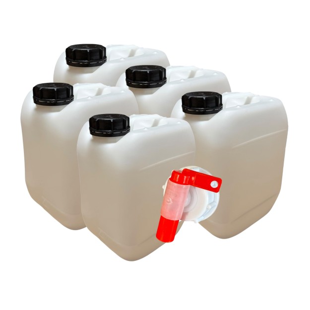 Lot de 5 x Jerrican Bidon Plastique 5 L litres avec Bouchon Étanche et 1 Robinet Verseur– Idéal pour Liquides Alimentaires et Te
