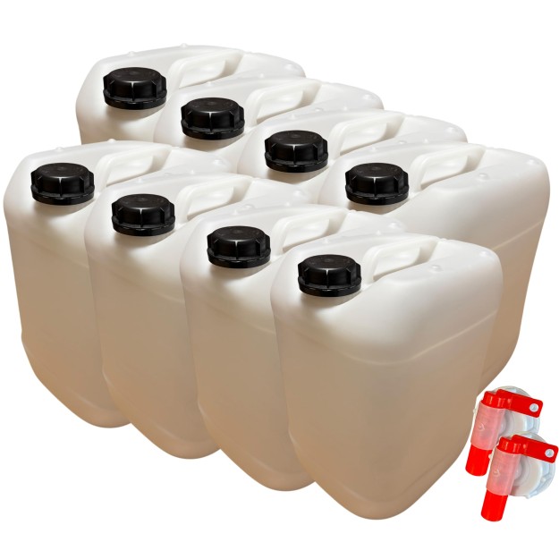 Lot de 8 Bidons Plastique 20 L litres avec Bouchon et 2 Robinets Verseurs - Résistant pour Liquides Alimentaires et Chimiques Po
