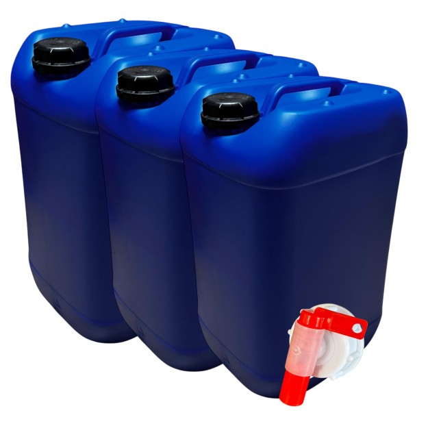 Lot de 3 Bidons Plastique Bleu 25 L litres avec Bouchon Hermétique DIN 61 et 1 Robinet Verseur – PEHD Résistant pour Liquides Al